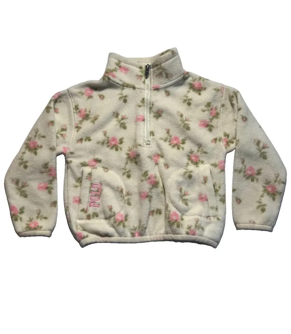 Polo Ralph Lauren Girls 3T Floral Fleece Quarter Zip Pullover Jacket Pink White